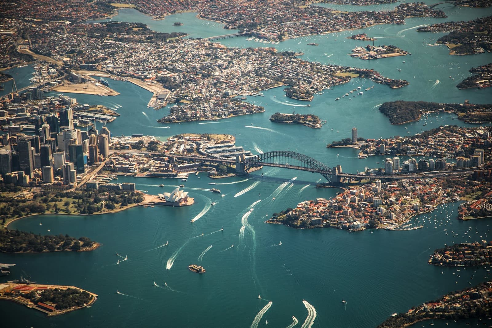 Aerial view of Sydney Harbour Bridge and the Opera House